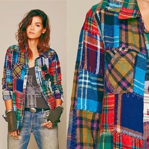 Free People Lost in Plaid Patchwork Patched Flannel Button Down size Small